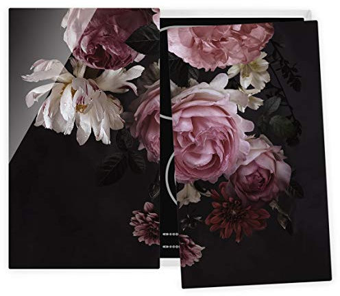 Bilderwelten Glas Herdabdeckplatten für Ceranfeld 2teilig Rosa Blumen auf Schwarz, 60x52 cm
