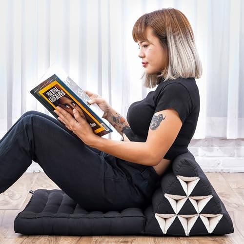 Leewadee Thai-Kissen Falt-Matratze Chill-Out Klapp-Matte Gepolsterte Lesestütze Boden-Liege-Matte mit Dreieck-Kissen Thai-Matte, Kapok, 75 x 50 cm, Schwarz