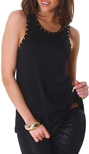 Jela London Damen Basic Tank-Top dünn Nieten Gold-Glitzer A-Linie Vokuhila, Schwarz