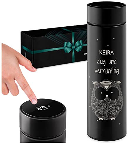 Maverton Thermobecher Kaffeebecher 450 ml - Isolierbecher personalisiert - 100% dicht - Led Temperatur Anzeige - aus Edelstahl - Weihnachtsgeschenke - Geschenk für Frauen - schwarz - Eule