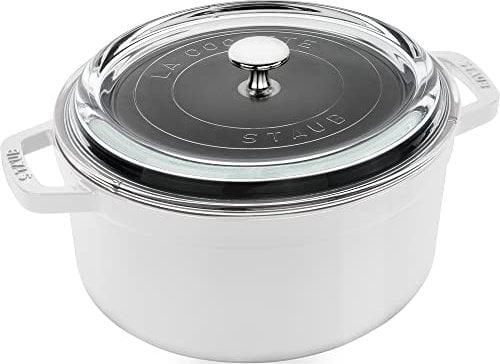 STAUB Forno olandese in ghisa, 4 qt, con coperchio in vetro, prodotto in Francia, per 3-4 persone, colore: bianco
