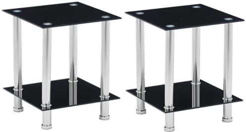 GOLDFAN 2-Tier Small Glass Coffee Table Corner Side End Table with Clear Glass and Stainless Steel Legs Living Room, Black (Two tables)