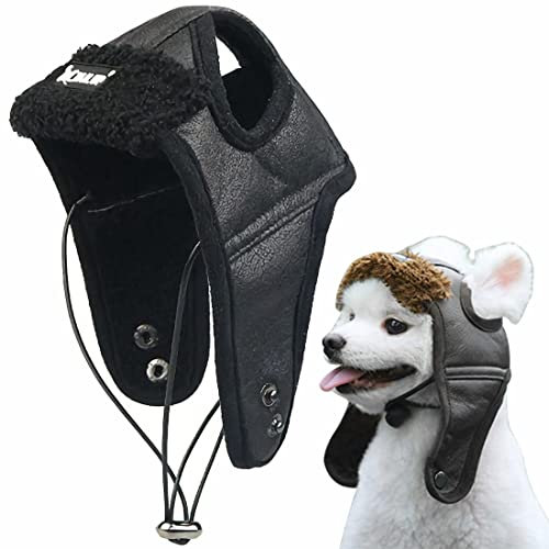 ITODA Mütze Hund Trappermütze Winter Hundemütze mit Ohrlöchern Fliegermütze Haustier Wintermütze Verstellbar Hundecap PU Leder Hundehut Warm Windschutz Haustiermütze Outdoor Fellmütze Welpen Katze