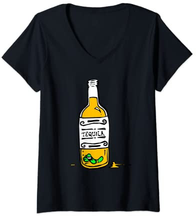 Damen Tequila-Flasche mit grünem Wurm Old School Grafik T-Shirt mit V-Ausschnitt