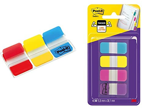 Post-it Index Strong Filing Tabs, Packung mit 1 Spender mit 3 x 22 Tabs, 25, 4 mm x 38 mm, Gelb, Rot, Blau & Index Strong Ablagetabs, Klein, versch. Farben, 4 x 10 Haftstreifen
