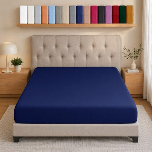 AMEHA Single Bed Sheets Deep Pocket Up to 25 cm Navy Fitted Sheet Soft Brushed Microfiber Elasticated Corners Bottom Sheet Easy Care - Anti Wrinkle & Fade Resistant
