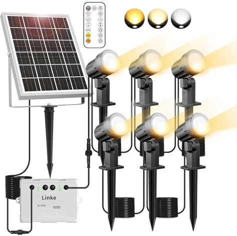 Linke Solar Spot Lights Outdoor Garden, 2700K/4000K/6500K Adjustable 6 in 1 Led Solar Powered Spotlight IP66 Waterproof Landscape Spotlights Fence Lights for Yard Lawn Tree Statue