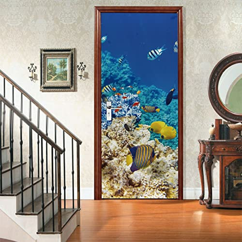 Sticker Porte Effet 3D - Autocollant De Porte Trompe L'Œil - 95X215cm - Petits Poissons Animaux Sous-Marins Mural Papier Peint - Amovible Muraux Stickers -Chambre Salon Cuisine Poster Décoration
