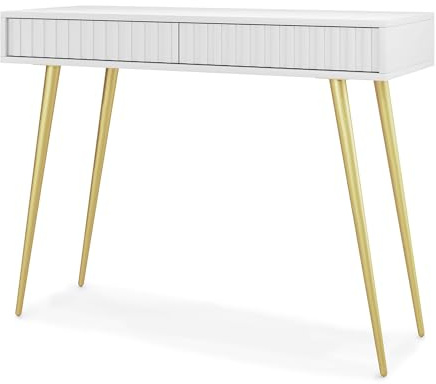 Selsey Schminktisch Bello, 38 x 104 x 80 cm, Weiß, Goldene Beine | Kosmetiktisch, Frisiertisch, Makeup Tisch, Mit 2 Schubladen