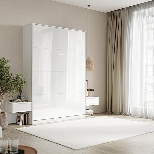 SMARTBett Set Schrankbett Classic Vertikal160x200 mit 2 Nachtkonsolen Weiss/Weiss Hochglanz Front für Schlafzimmer, Gästezimmer, Ferienwohnung
