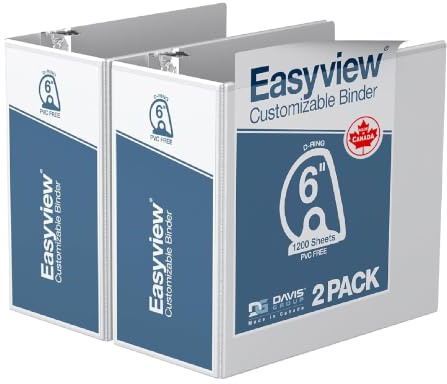 EasyView Premium abgewinkelte D-Ringbücher mit transparentem Deckel, anpassbare 3-Ringbücher für Schule, Büro oder Zuhause, 15,2 cm, Weiß, 2 Stück