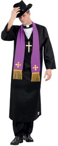 Smiffys The Exorcist, Pater Merrin, Priesterkostüm, Robe mit eingesetztem Kragen, Stola, Kreuz-Halskette und Hut