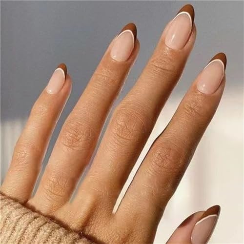 Coffee Brown French Fake Nail Short Almond Tips Press on Nails for Women and Girls Nail Art Manicure 24pcs