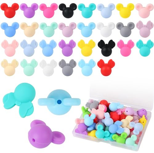LIYDE Lot de 30 perles en silicone colorées en forme de tête de souris pour la fabrication de bijoux, perles en silicone colorées en vrac pour stylos, perles en silicone avec boîte en forme de tête de