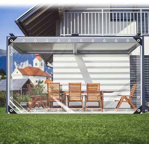 FoundGo Largeur x Hauteur：350x250cm Bâche Transparente Exterieur avec Œillets, Bache Exterieur Impermeable en PVC, Bache de Protection pour Pergola, Terrasse, Jardin, Transparent