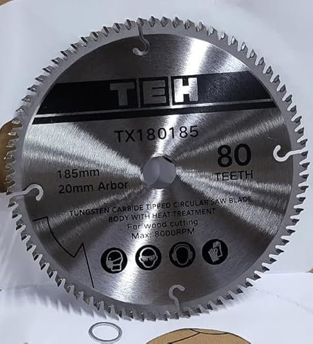 TCT Circular Saw Blade 185mm x 80T x 20mm Bore (16mm ring) also fits Evolution Bosch Makita etc 184mm (80 Teeth)