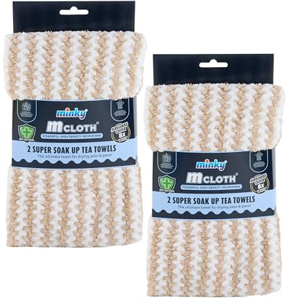 Minky Super Soak Up Tea Towels Beige Pack of 4, Ultra-Absorbent, Powerful High-Density Microfibre, Anti-Bacterial Formulation, Hanging Tag For Easy Storage, Machine Washable (4, Beige)