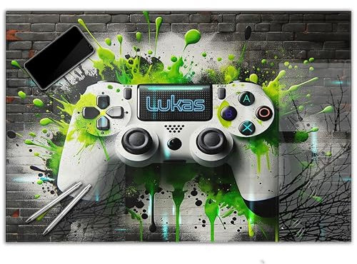 Gaming Schreibtischunterlage personalisiert mit Namen | wasserfeste Schreibunterlage, abwischbar, hochwertiges Acrylglas, Gamer Teenager Kunststoff | 80x60cm Graffiti Controller