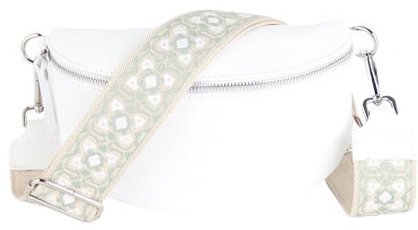 MIRROSI® Bauchtasche Damen, Echtleder, Made in Italy, Umhängetasche, Brusttasche, Crossbody Bag (1 Tasche & 2 Gurte) (Weiß (Blumen Weiß), Große Tasche (28x18x9cm))