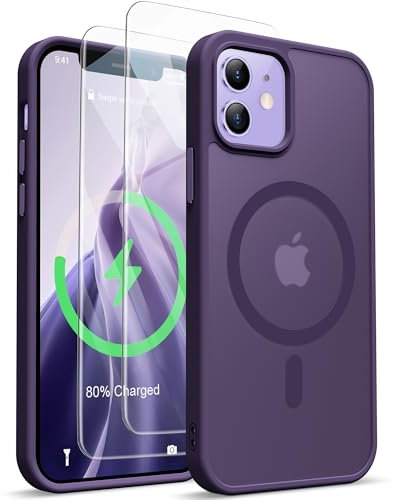 ORETECH Magnetic Case for iPhone 12 & iPhone 12 Pro, Compatible with Magsafe, 2 x Glass Screen Protector, Slim Shockproof Protection, Matt Frosted Back Case - Deep Purple