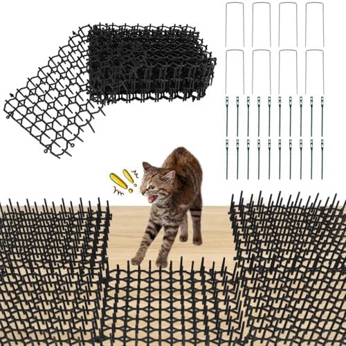 12 Plastic Spikes Repellent Mat, 20x15cm Animal Barrier Thorn Grid, Flat Prickle Strip Dig Stopper, Thorn Grid Against Cats with U-Shaped Nail and Ties, Reusable Anti Cat Mats for Indoor Outdoor