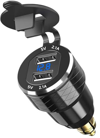 Lunriwis Aluminum Alloy Motorcycle USB Charger DIN Plug Charger Metal Quick Charge Adapter with Voltmeter with 2 USB Ports for BMW Ducati