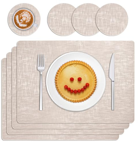 TOPAHGOD Placemats and Coasters Set of 4, Dual Sided Non Slip Washable Wipeable Kitchen Table Mats, Square Thickened Heat Resistant Leather Place Mats for Indoor and Outdoor Table (Beige)