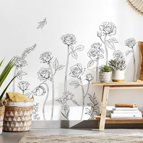 Decvictor Wandtattoo Skizze Rose Blume Wandsticker Weinlese Schwarz Einfache Linie Floral DIY Wandaufkleber Wohnzimmer Schlafzimmer Gang Büro Sofa Hintergrund Wanddeko (W185 * H79 cm)
