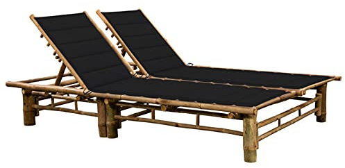 Juroupi Chaise Longue pour 2 Personnes avec Coussins Bambou Lit De Repos D'Extérieur,Chaise Longue De Jardin,Bain De Soleil Jardin Exterieur