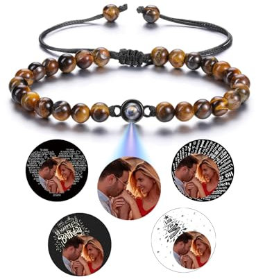 Jovivi Personalisiertes Armband Mit Foto Bild Projektion - 100 Sprachen Ich Liebe Dich Fotoarmband für Herren Damen - Freundschaftsarmbänder Personalisierte Geschenke (Tigerauge)