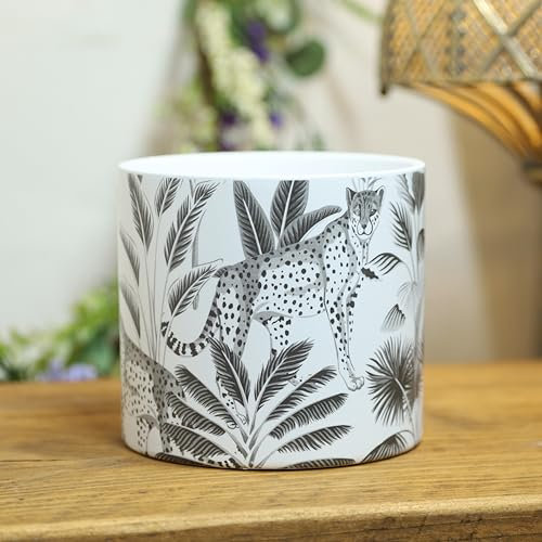 Fyne-Finds Round Ceramic Cheetah Animal Jungle Scene Succulent Cactus Indoor Home Planter 12cm, 5inch Herb Plant Pot Cover Holder