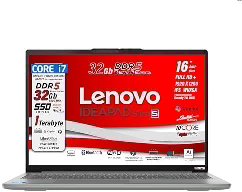 Lenovo, pc portatile Notebook, i7 13620H 13Th, DDR5 32Gb, Display WUXGA 16 IPS FHD+, SSD 1Tb (2 X 512Gb), Wi-Fi 6, Bt, USB Thunderbolt, Tastiera retroilluminata, Win11 Pro, Pronto all'Uso