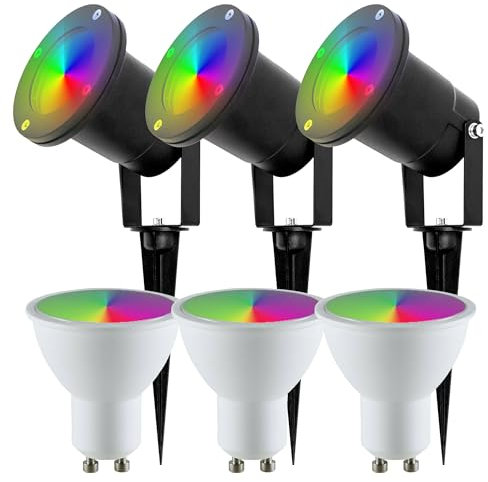 EDO 3er Set Smart LED Gartenstrahler mit Erdspieß HORTUS LED RGB GU10 4,8W RGB +CCT 2700-6500K 400lm komp. mit TUYA App Außen Wasserdicht Schwenkbar Gartenlamp IP65 Schwarz Gartenleuchte Kabel 25cm