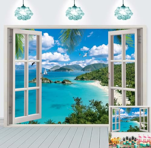 Hintergrund für Sommer, Strand, Fenster, Hawaii-Ozean, tropische Insel, blauer Himmel, Wolken, landschaftlicher Fotografie-Hintergrund, Luau-Party, Banner, Wohnzimmer, Schlafzimmer, Foto-Requisiten