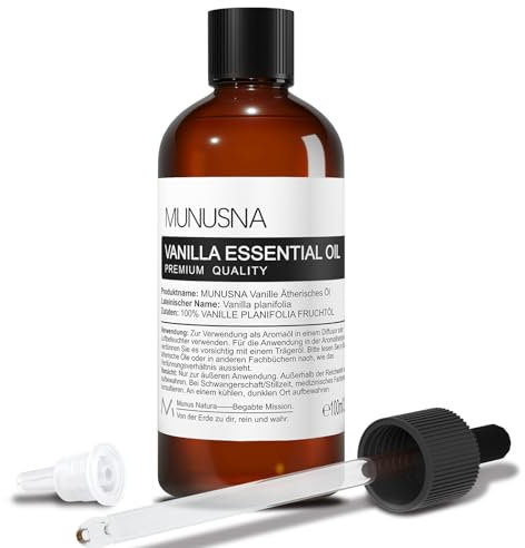 Ätherisches Öl Vanilleöl 100ML, MUNUSNA Ätherische Öle Vanille Rein Naturrein für DIY Seifen, Kerzen, Duftöl Vanille Öl für Aroma Diffuser, Vanilla Oil