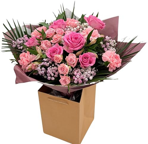 Pink Whisper Fresh Flower Bouquet of Roses, Carnations, Baby's Breath in Gift vase Box - Summer Floral Arrangement, Birthday Celebrations, Anniversaries, Weddings, Wifely