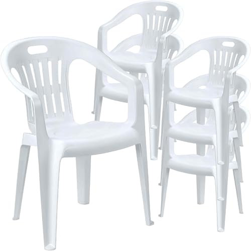 Sicignano | Gartenstuhl aus Kunststoff, Piona-Sessel, Stuhl mit Armlehnen für den Außenbereich, mit niedriger Rückenlehne, stapelbar, leicht, leicht zu reinigen, 56 x 55 x 78 cm (6, Weiß)