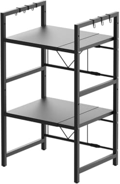 7Sevenjokers Erweiterbares Mikrowellen Regal 3 Stufig,Bäckerregal Mikrowelle,Höhenverstellbares Stehendes Regal,Erweiterbar 40-60cm, 6 Haken, Schwarzer Stahl, 40kg Traglast, Für Kleine Küchen