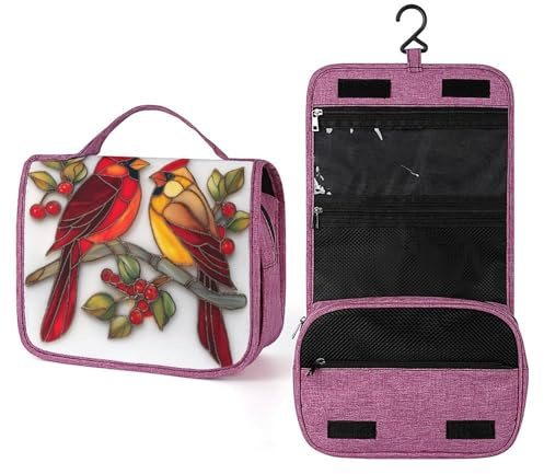 Kulturbeutel mit zwei roten Vögeln auf Ast mit roten Beeren, Reise-Kulturbeutel für Damen, zum Aufhängen, Make-up-Organizer mit Haken für Shampoo