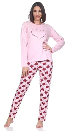Normann Damen Schlafanzug Langarm Pyjama in Herz Tupfen Punkte Optik