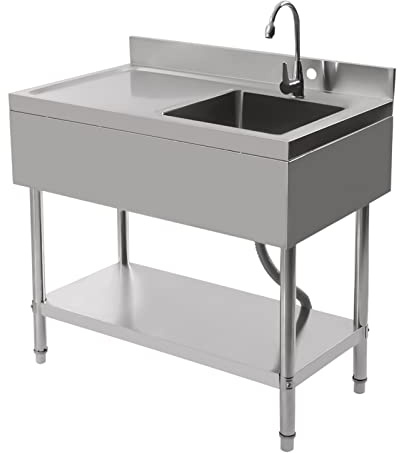 Lavabo indipendente in acciaio inox con 1 lavandino (a destra), 1 bacino 100 × 60 × 80 cm Lavelli commerciali, Lavanderia con piano di lavoro per esterni, interni, cucina, ristorante