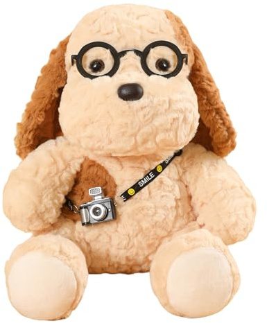 Xiyocadt Kuscheltier Hund, Stylisches Hund Plüschtier mit Brille & Mini Kamera – Weiches Liebevolles Kuschelbegleiter für Kinder & Erwachsene – Sitzposition (20 cm)