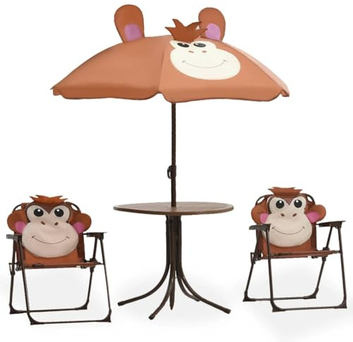 Ordellia Ensemble bistro de jardin 3 pièces pour enfants avec parasol, 105 cm de diamètre, chaises pliantes, cadre en acier robuste, idéal pour l'extérieur, le balcon et le patio