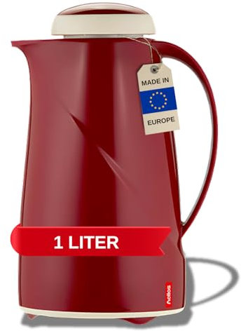 Helios Wave Thermoskanne Dunkelrot-6h Hält Getränke heiß & kalt Spülmaschinenfest – Leichter, robuster Kunststoffmantel – Ideal für Kaffee & Tee, Kunststoff, rot, 1 Liter