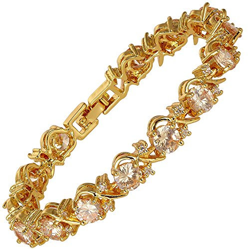 RIVA Blume Tennis Armband [18cm/7inch] mit Rundschliff Edelstein Zirkonia CZ [Champagner] in 18K Gelbgold Vergoldet, Einfache Moderne Eleganz
