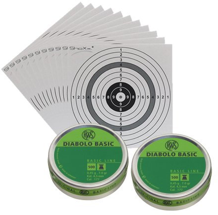 Luftgewehr Diabolo RWS Basic Line Flachkopf Diabolos, Kal. 4,5 mm, 1.000 Stück + 10 original ShoXx.® Shoot-Club Zielscheiben mit 250 g/m²