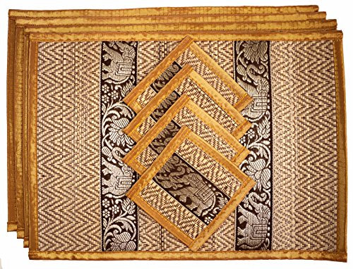 CCcollections Handgewebte Tischsets und Untersetzer aus Korbgeflecht Alternative zu Kunststoff hitzebeständig leicht zu reinigen perfekt für die Esstischdekoration (Mittleres Helles Gold)