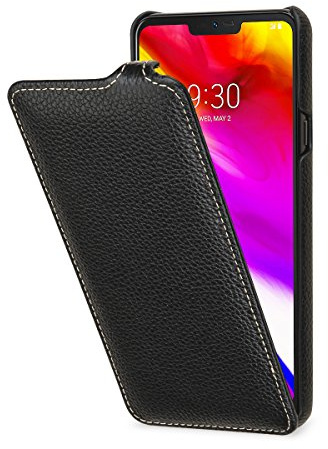 STILGUT UltraSlim Lederhülle für LG G7 ThinQ. Dünnes Flip-Case vertikal klappbar aus Echtleder, Schwarz