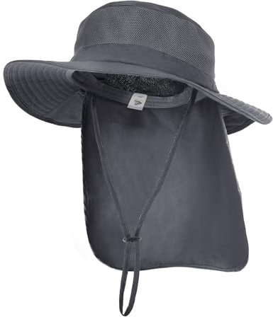 Camptrace UPF 80+ Sun Hats for Men Women Wide Brim Sun Protection Mesh Hat with Neck Flap Fishing Hiking Gardening Hats Dark Grey