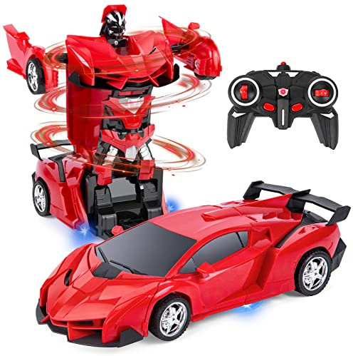 Highttoy Ferngesteuertes Roboter Auto für Kinder, Transformator Spielzeug ab 3 4 5 6 7 8 Jahre Jungen Mädchen 360° Drehung Verformung Roboter RC Auto 2.4GHz 1:18 Roboter RC Rennwagen Rot